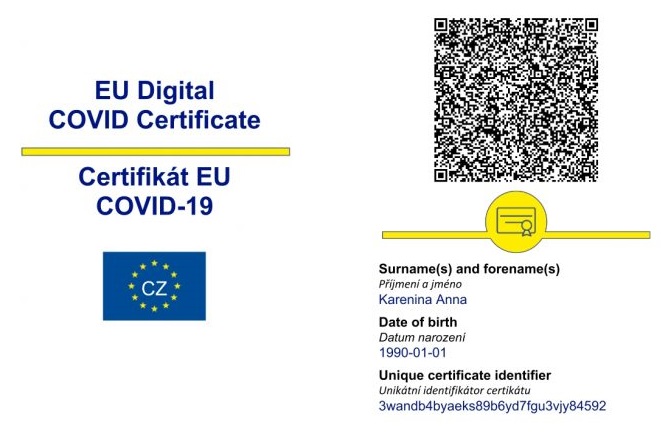 EU COVID pas - digitln certifikt EU COVID