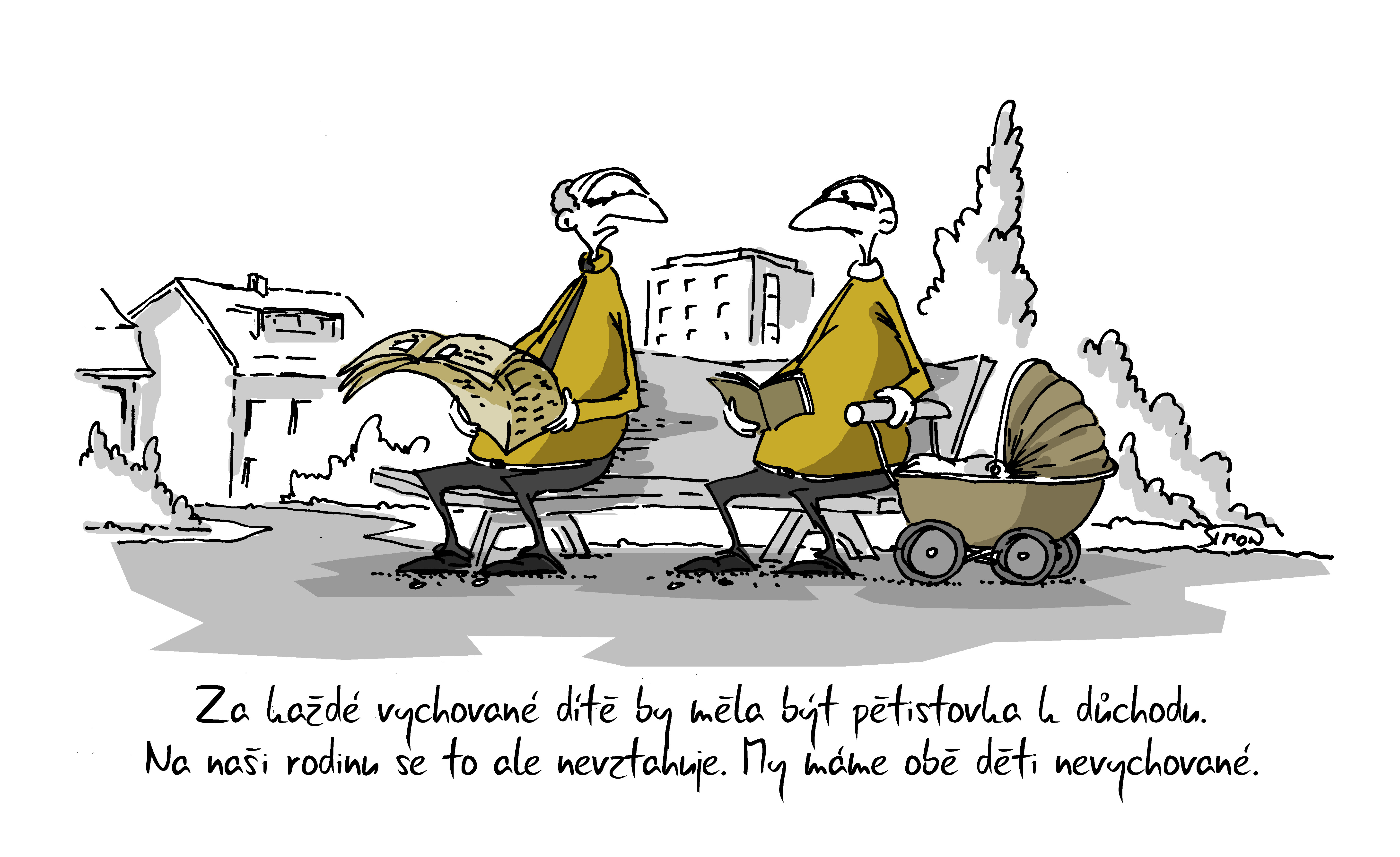 Kreslený vtip: Za každé dítě by měla být pětistovka k důchodu
