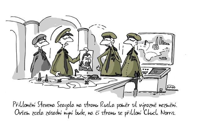 Kreslený vtip: Přiklonění Stevena Seagala na stranu Ruska poměr sil výrazně nezmění