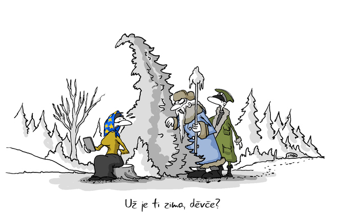 Kreslený vtip: Už je ti zima, děvče?