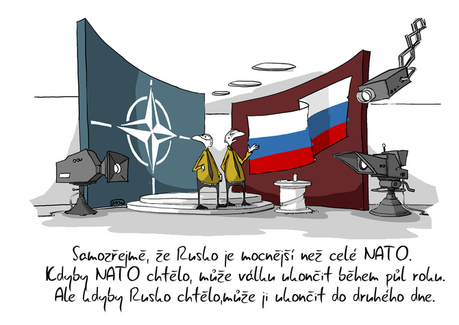 Kreslený vtip: Kdyby NATO chtělo, může válku ukončit během půl roku. Ale kdyby Rusko chtělo, může ji ukončit do druhého dne.