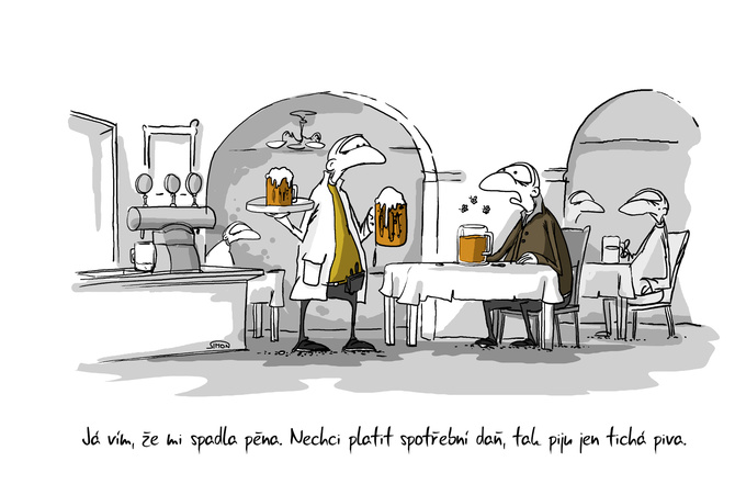 Kreslený vtip: Nechci platit spotřební daň, tak piju jen tichá piva