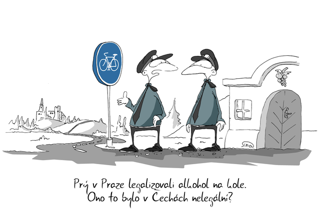 Kreslený vtip: Prý v Praze legalizovali alkohol na kole. Ono to bylo v Čechách nelegální? Autor: Marek Simon