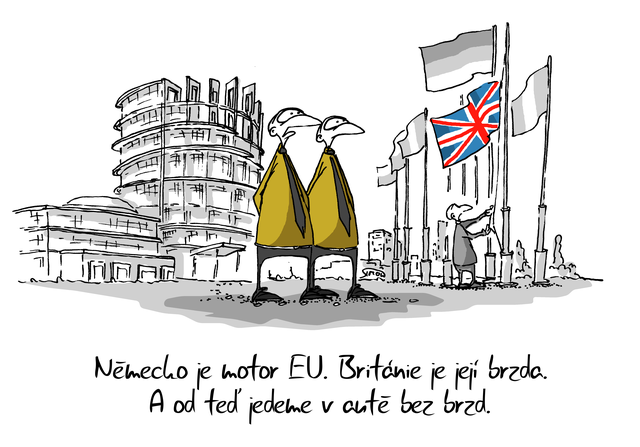 Kreslený vtip: Německo je motor EU. Británie je její brzda. A od teď jedeme v autě bez brzd. Autor: Marek Simon