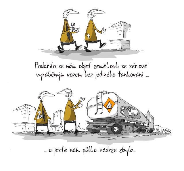 Kreslený vtip: Podařilo se nám objet zeměkouli se sériově vyráběným vozem bez jediného tankování ... a ještě nám půlka nádrže zbyla. Autor: Marek Simon