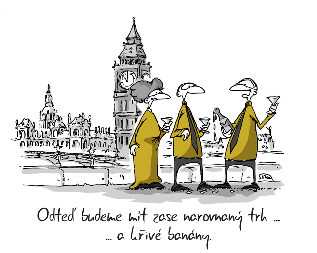 Kreslený vtip: Odteď budeme mít zase narovnaný trh ... a křivé banány. Autor: Marek Simon