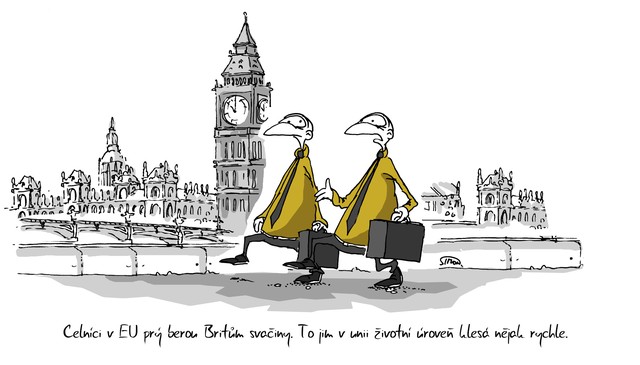 Kreslený vtip: Celníci v EU prý berou Britům svačiny. To jim v unii životní úroveň klesá nějak rychle. Autor: Marek Simon