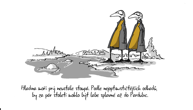 Kreslený vtip: Hladina moří prý neustále stoupá. Podle nejoptimističtějších odhadů by za pár století mohlo být Labe splavné až do Pardubic. Autor: Marek Simon