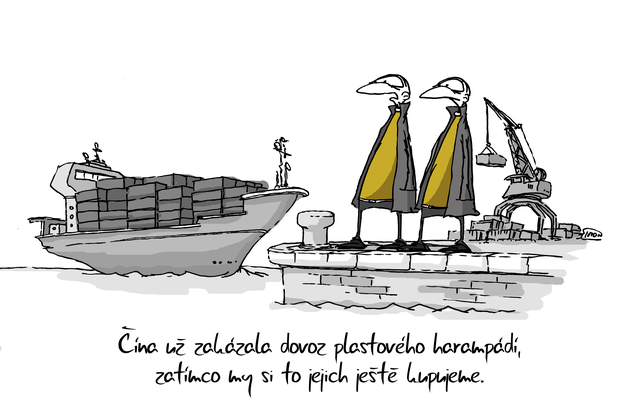 Kreslený vtip: Čína už zakázala dovoz plastového harampádí, zatímco my si to jejich ještě kupujeme. Autor: Marek Simon