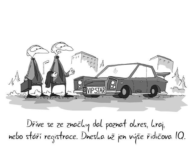 Kreslený vtip: Dříve se ze značky dal poznat okres, kraj, nebo stáří registrace. Dneska už jen výše řidičova IQ. Autor: Marek Simon