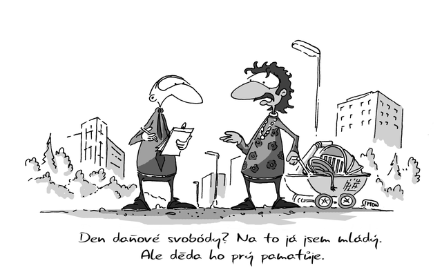 Kreslený vtip: Den daňové svobody? Na to já jsem mladý. Ale děda ho prý pamatuje. Autor: Marek Simon