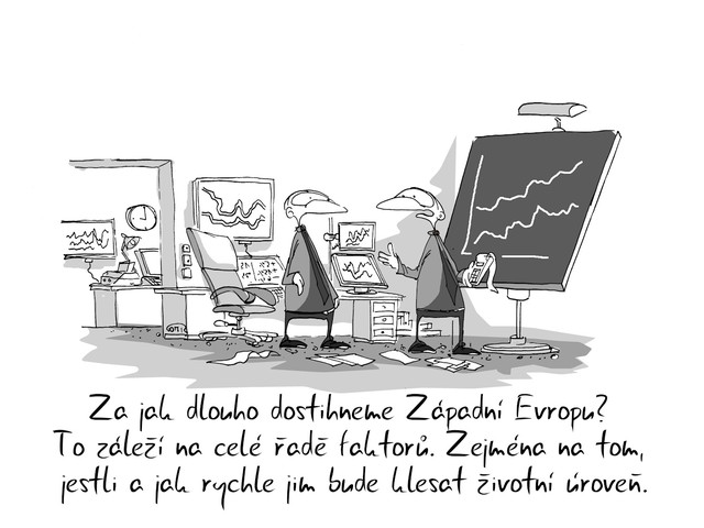 Kreslený vtip: Za jak dlouho dostihneme Západní Evropu? To záleží na celé řadě faktorů. Zejména na tom, jestli a jak rychle jim bude klesat životní úroveň. Autor: Marek Simon