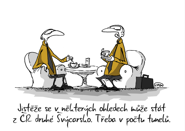 Kreslený vtip: Jistěže se v některých ohledech může stát z ČR druhé Švýcarsko. Třeba v počtu tunelů. Autor: Marek Simon