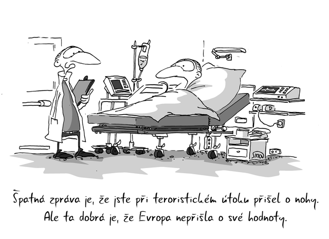 Kreslený vtip: Špatná zpráva je, že jste při teroristickém útoku přišel o nohy. Ale ta dobrá je, že Evropa nepřišla o své hodnoty. Autor: Marek Simon