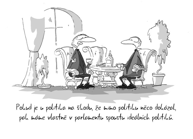 Kreslený vtip: Pokud je u politika na škodu, že mimo politiku něco dokázal, pak máme vlastně v parlamentu spoustu ideálních politiků. Autor: Marek Simon