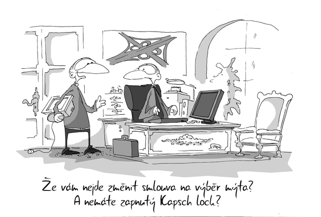 Kreslený vtip: Že vám nejde změnit smlouva na výběr mýta? A nemáte zapnutý Kapsch Lock? Autor: Marek Simon
