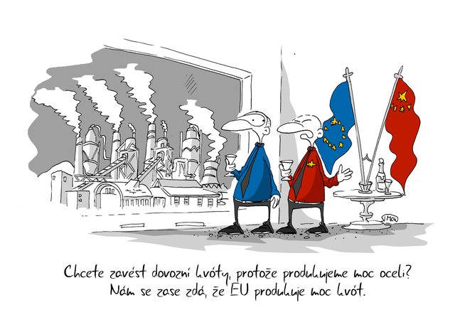 Kreslený vtip: Chcete zavést dovozní kvóty, protože produkujeme moc oceli? Nám se zase zdá, že EU produkuje moc kvót. Autor: Marek Simon