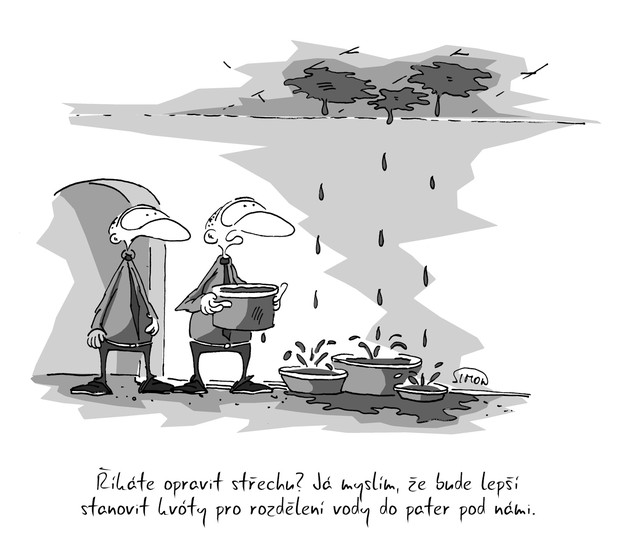 Kreslený vtip: Říkáte spravit střechu? Já myslím, že bude lepší stanovit kvóty pro rozdělení vody do pater pod námi. Autor: Marek Simon