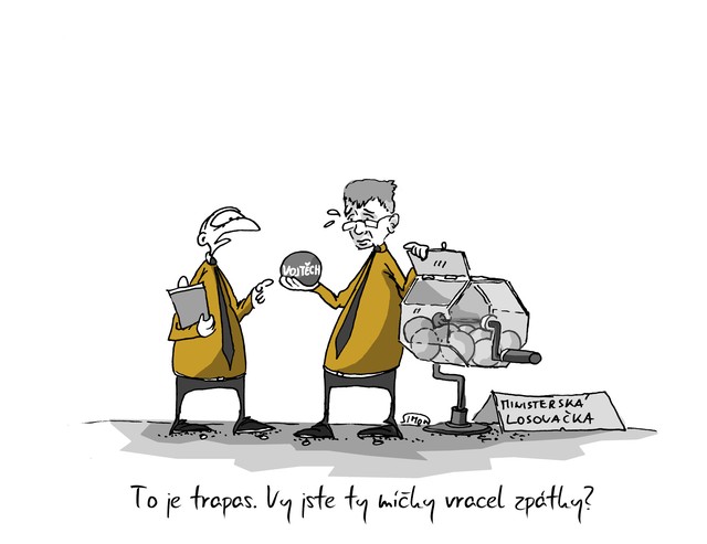 Kreslený vtip: To je trapas. Vy jste ty míčky vracel zpátky? Autor: Marek Simon