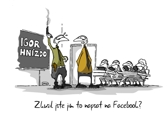 Kreslený vtip: Zkusil jste jim to napsat na Facebook? Autor: Marek Simon