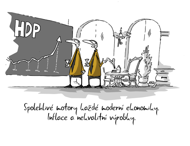 Kreslený vtip: Spolehlivé motory každé moderné ekonomiky. Inflace a nekvalitní výrobky. Autor: Marek Simon