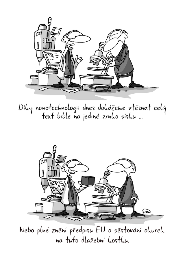 Kreslený vtip: Díky nanotechnologii dnes dokážeme vtěsnat celý text bible na jediné zrnko písku ... Nebo plné znění předpisu EU o pěstování okurek na tuto dlažební kostku. Autor: Marek Simon
