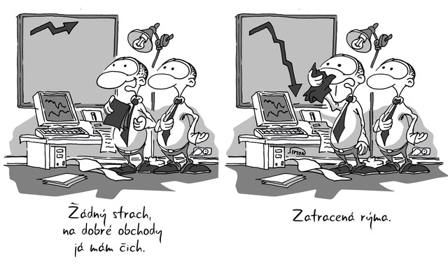 Kreslený vtip: Žádný strach, na dobré obchody, já mám čich. Zatracená rýma. Autor: Marek Simon