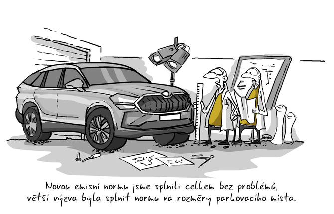 Kreslený vtip: Novou emisní normu jsme splnili celkem bez problémů, větší výzva byla splnit normu na rozměry parkovacího místa.