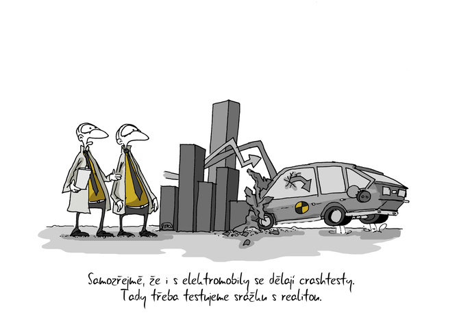 Kreslený vtip: Samozřejmě, že i s elektromobily se dělají crashtesty. Tady třeba testujeme srážku s realitou.