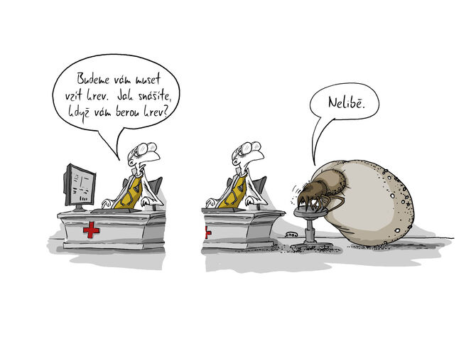 Kreslený vtip: Nelibě. Jak snášíte, když vám berou krev?