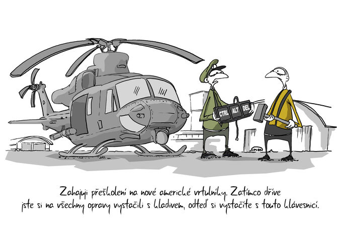 Kreslený vtip: Zahajuji přeškolení na nové americké vrtulníky. Zatímco dříve jste si na všechny opravy vystačili s kladivem, odteď si vystačíte s touto klávesnicí.