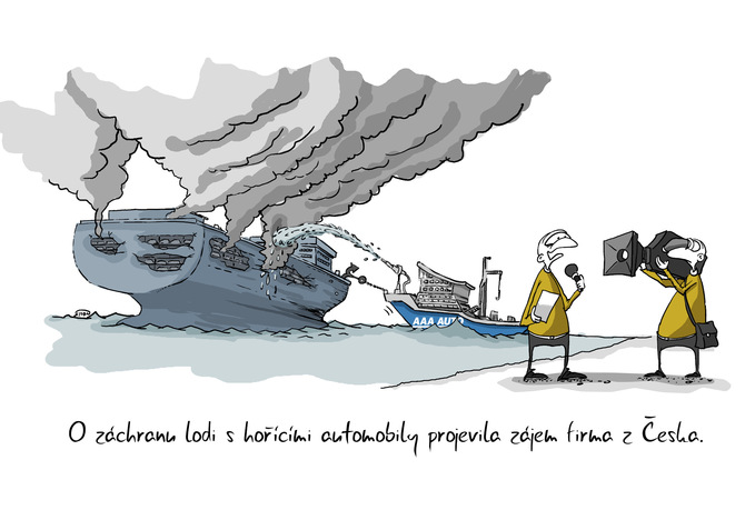 Kreslený vtip: O záchranu lodi s hořícími automobily projevila zájem firma z Česka.