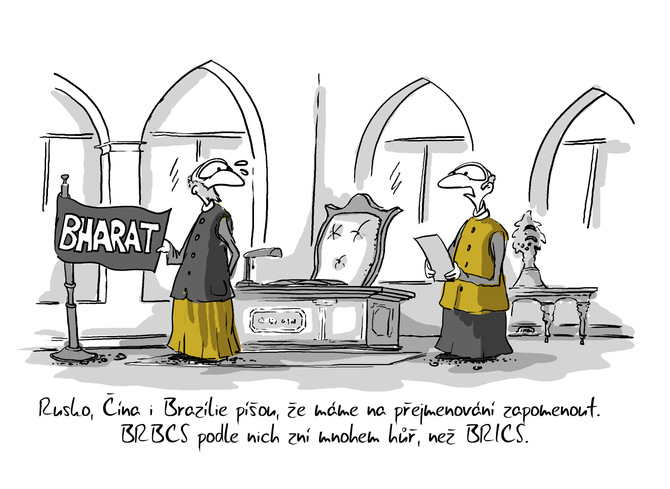Kreslený vtip: Rusko, Čína i Brazílie píšeou, že máme na přejmenování zapomenout. BRBCS podle nich zní mnohem hůř, než BRICS.