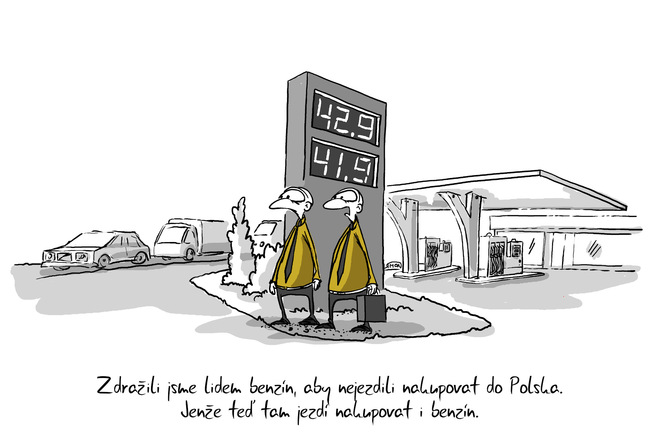 Kreslený vtip: Jenže teď tam jezdí nakupovat i benzín.