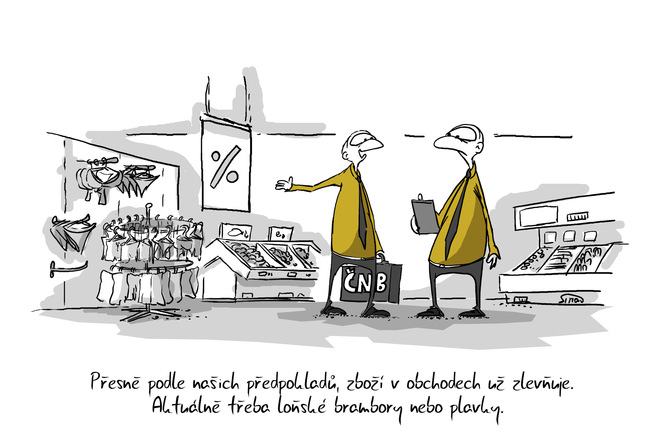 Kreslený vtip: Přesně podle našich předpokladů, zboží v obchodech už zlevňuje