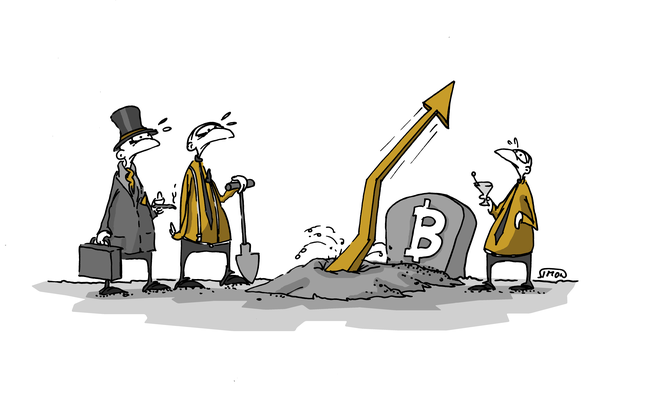 Kreslený vtip: Bitcoin pohřbívání