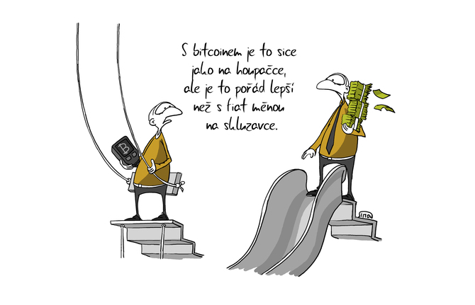 Kreslený vtip: S bitcoiniem je to jako na houpačce.