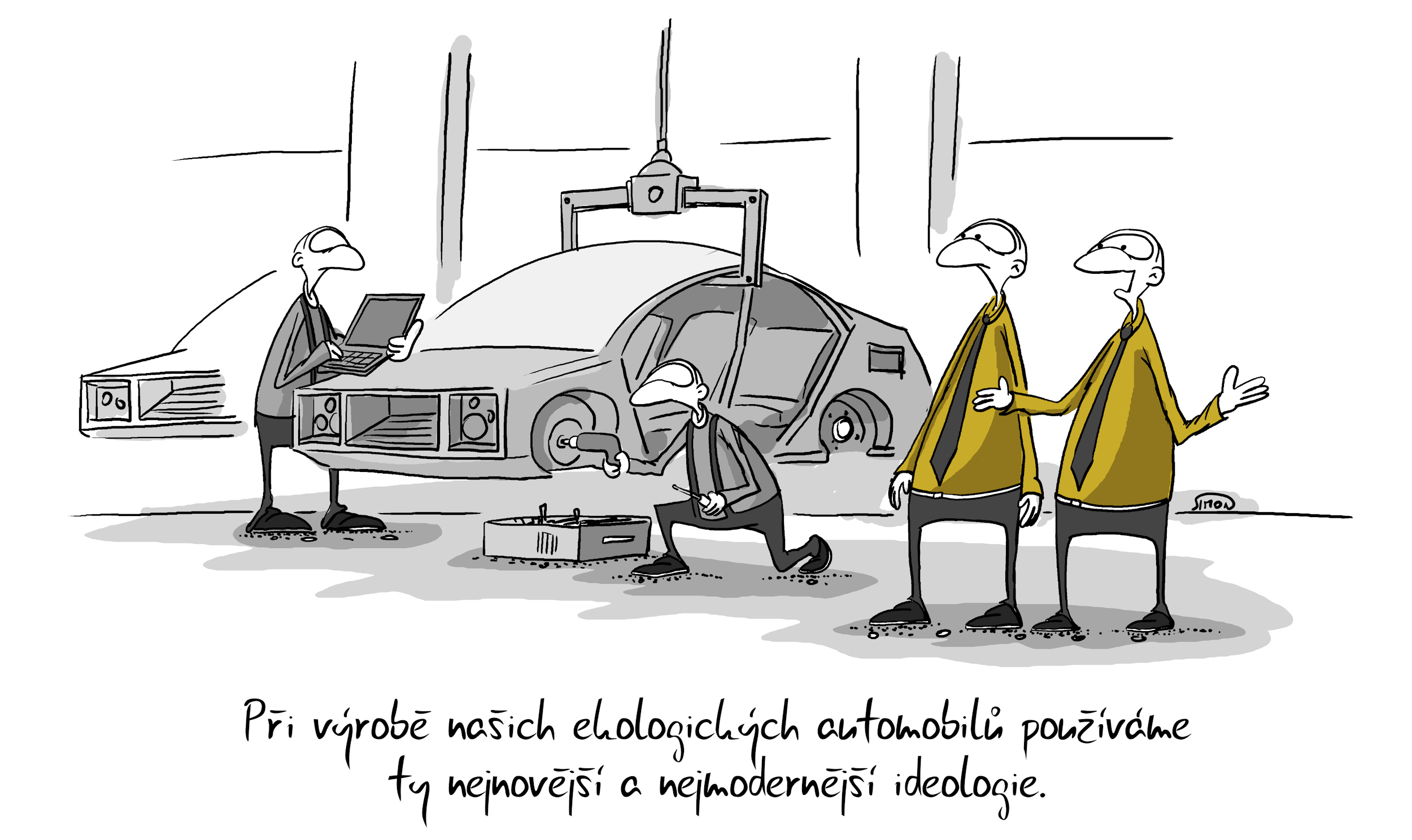 Kreslený vtip: Při výrobě našich automobilů používáme ty nejnovější a nejmodernější ideologie