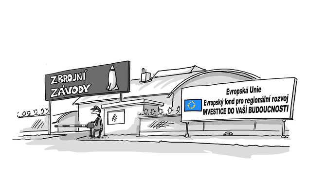 Kreslený vtip: Zbrojní závody. Evropská unie. Evropský fond pro regionální rozvoj. Investice do vaší budoucnosti.