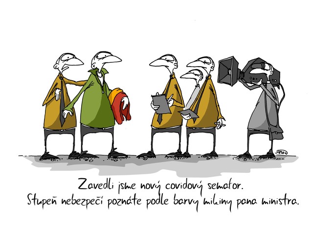 Kreslený vtip: Zavedli jsme nový covidový semafor. Stupeň nebezpečí poznáte podle barvy mikiny pana ministra. Autor: Marek Simon
