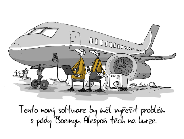 Kreslený vtip: Tento nový software by měl vyřešit problém s pády Boeingu. Alespoň těch na burze.  Autor: Marek Simon