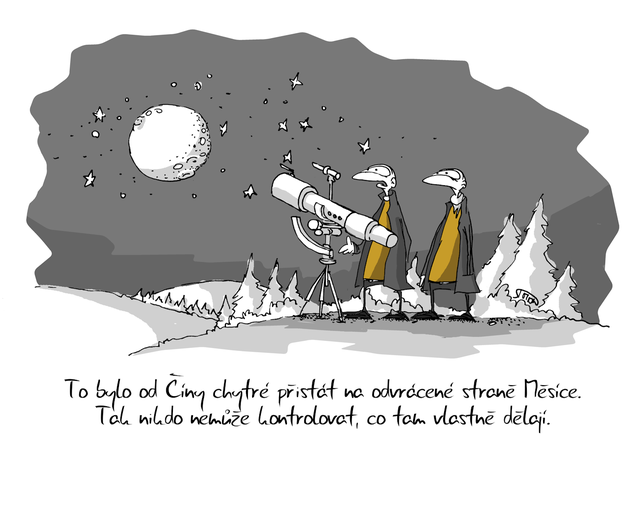 Kreslený vtip: To bylo od Číny chytré přistát na odvrácené straně Měsíce. Tak nikdo nemůže kontrolovat, co tam vlastně dělají. Autor: Marek Simon