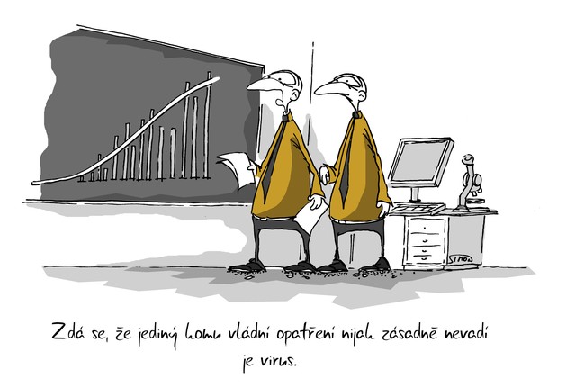 Kreslený vtip: Zdá se, že jediný, komu vládní opatření nijak zásadně nevadí je virus. Autor: Marek Simon