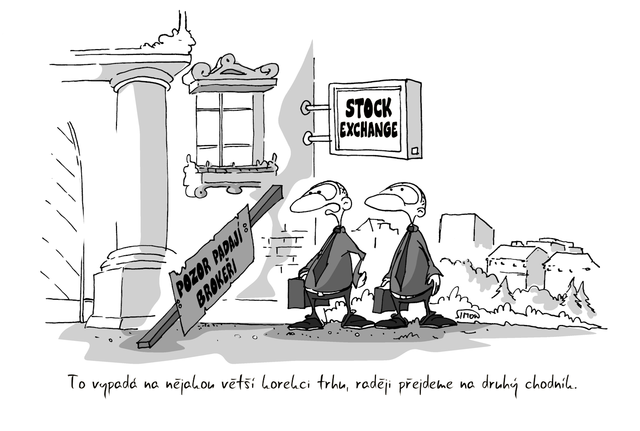 Kreslený vtip: To vypadá na nějakou větší korekci trhu, raději přejdeme na druhý chodník. Autor: Marek Simon