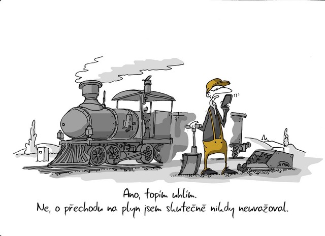 Kreslený vtip: Ano, topím uhlím. Ne, o přechodu na plyn jsem skutečně nikdy neuvažoval. Autor: Marek Simon