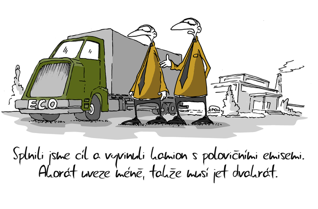 Kreslený vtip: Splnili jsme cíl a vyvinuli kamion s polovičními emisemi. Akorát uveze méně, takže musí jet dvakrát. Autor: Marek Simon