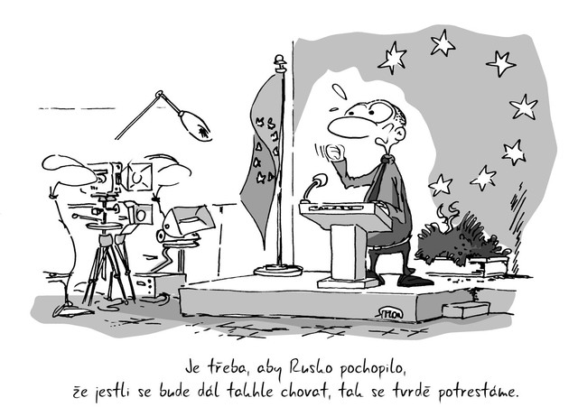 Kreslený vtip: Je třeba, aby Rusko pochopilo, že jestli se bude dál takhle chovat, tak se tvrdě potrestáme. Autor: Marek Simon