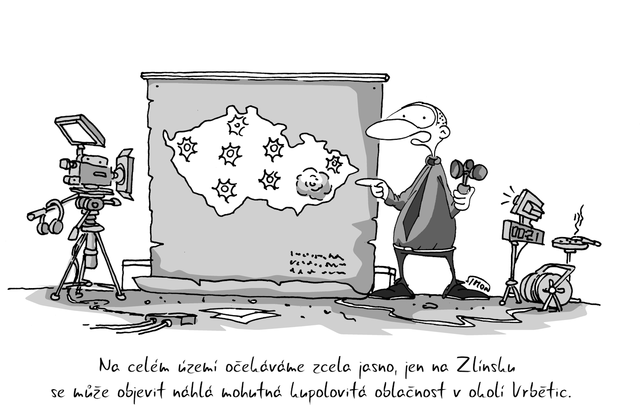 Kreslený vtip: Na celém území očekáváme zcela jasno, jen na Zlínsku se může objevit náhlá mohutná kupolovitá oblačnost v okolí Vrbětic. Autor: Marek Simon
