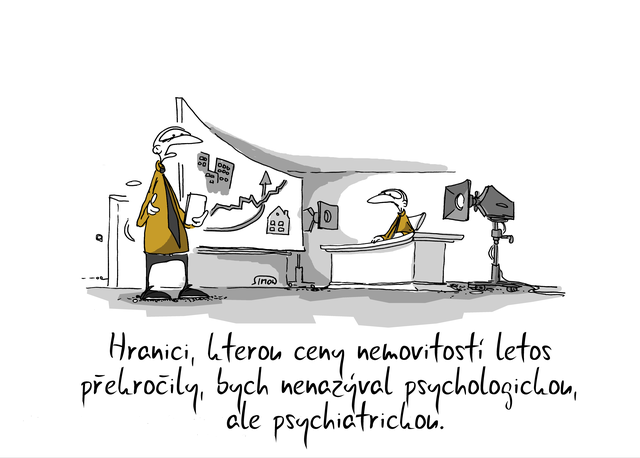 Kreslený vtip: Hranici, kterou ceny nemovitostí letos překročily, bych nenazýval psychologickou, ale psychiatrickou. Autor: Marek Simon