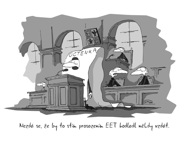 Kreslený vtip: Nezdá se, že by to s tím prosazením EET hodlal někdy vzdát. Autor: Marek Simon 